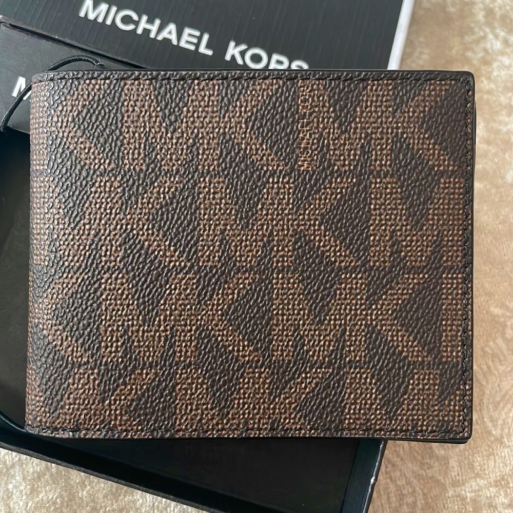 Brand New Michael Kors Jet Set Men’s Slim Billfold Brown & Black Logo Wallet - Picture 14 of 15